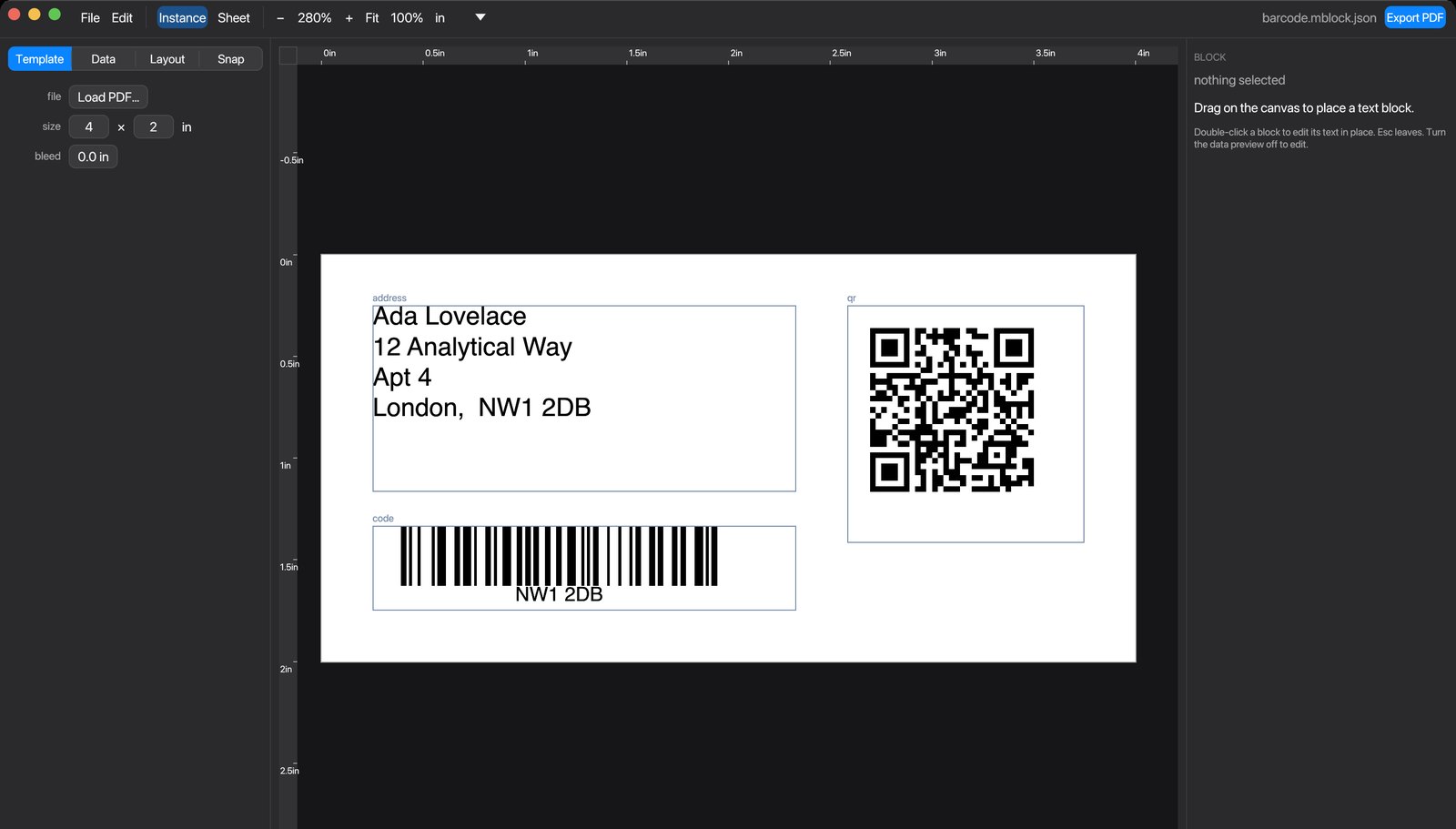 The mail-block window: settings on the left, a label with an address, a QR code and a barcode in the middle, and the block inspector on the right.
