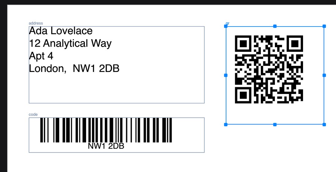 A QR code drawn on a label, with the barcode controls in the inspector.