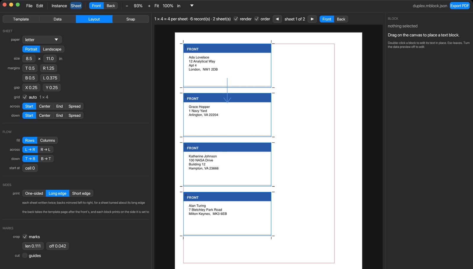 The Layout tab beside a sheet of four labels, each showing an address, with crop marks and fill order.