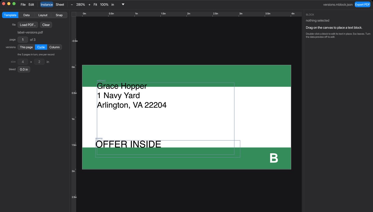 A label on version B of a cycled template, with a block that only prints on that version.